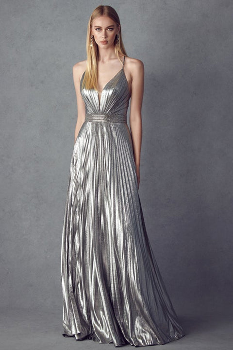 Long Pleated  V-Neck Metallic Dress by Juliet 226