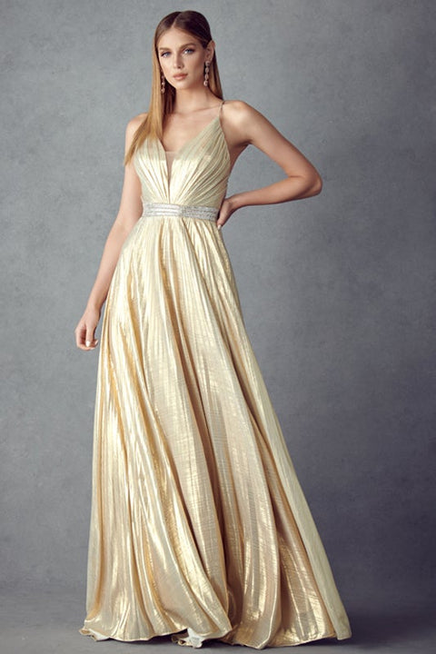 Long Pleated  V-Neck Metallic Dress by Juliet 226