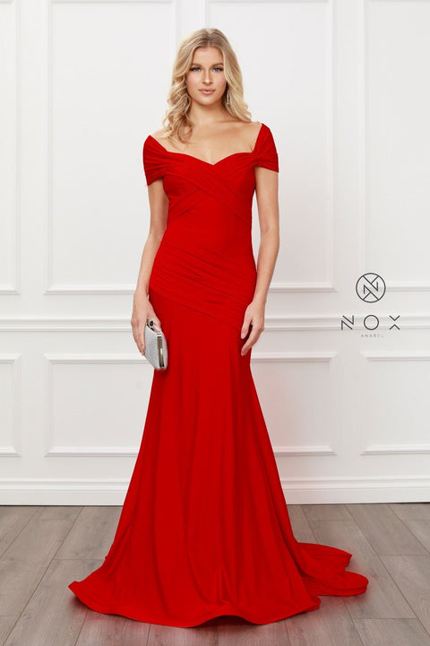 Off Shoulder Pleated Mermaid Gown by Nox Anabel E497