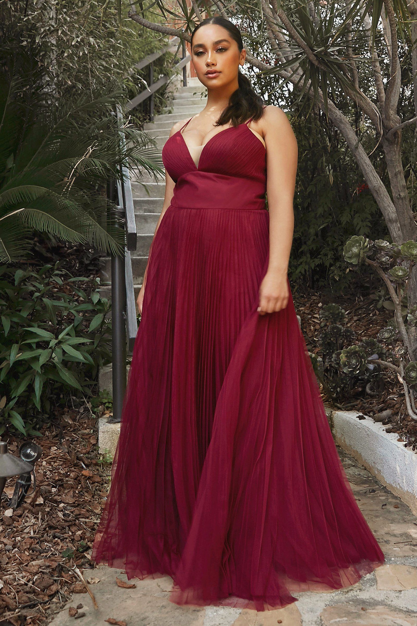 knee length dresses for ladies Plus Size Long Pleated Tulle Dress by Cinderella Divine CD184– sheerdreamz