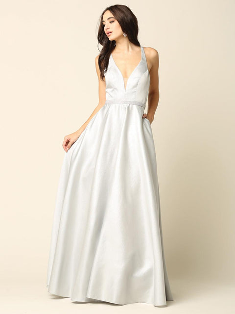 Long Formal Metallic Satin Prom Dress