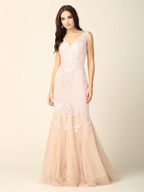 Long Sleeveless Formal Fitted Lace Prom Dress