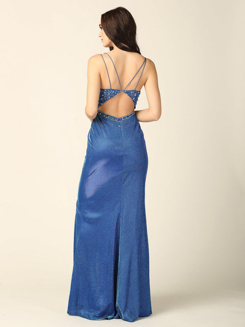 Long Formal Prom Spaghetti Strap Metallic Dress