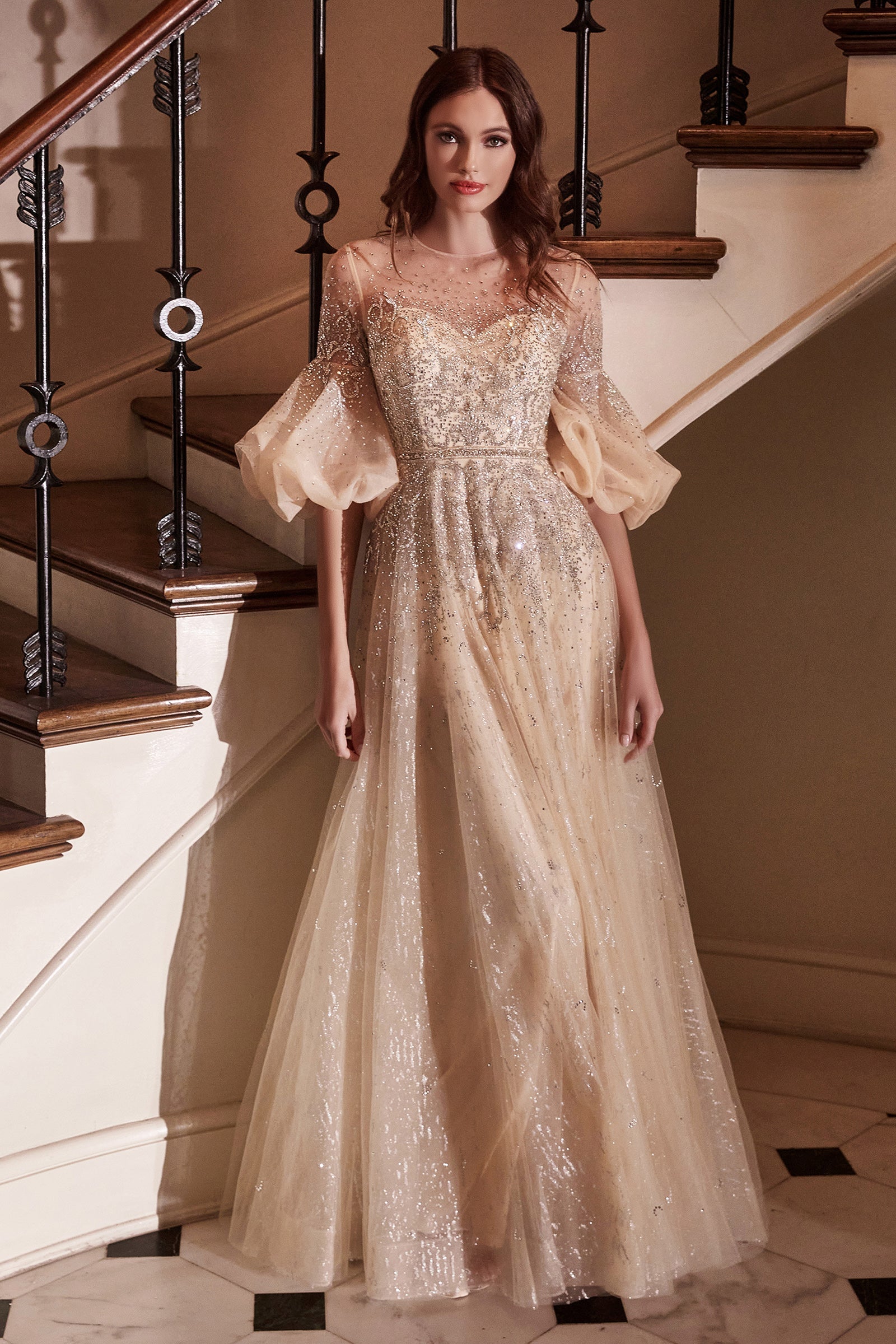 chinese dress ladies Cinderella Divine B703 Embellished Puff Sleeve Tulle Gown– sheerdreamz
