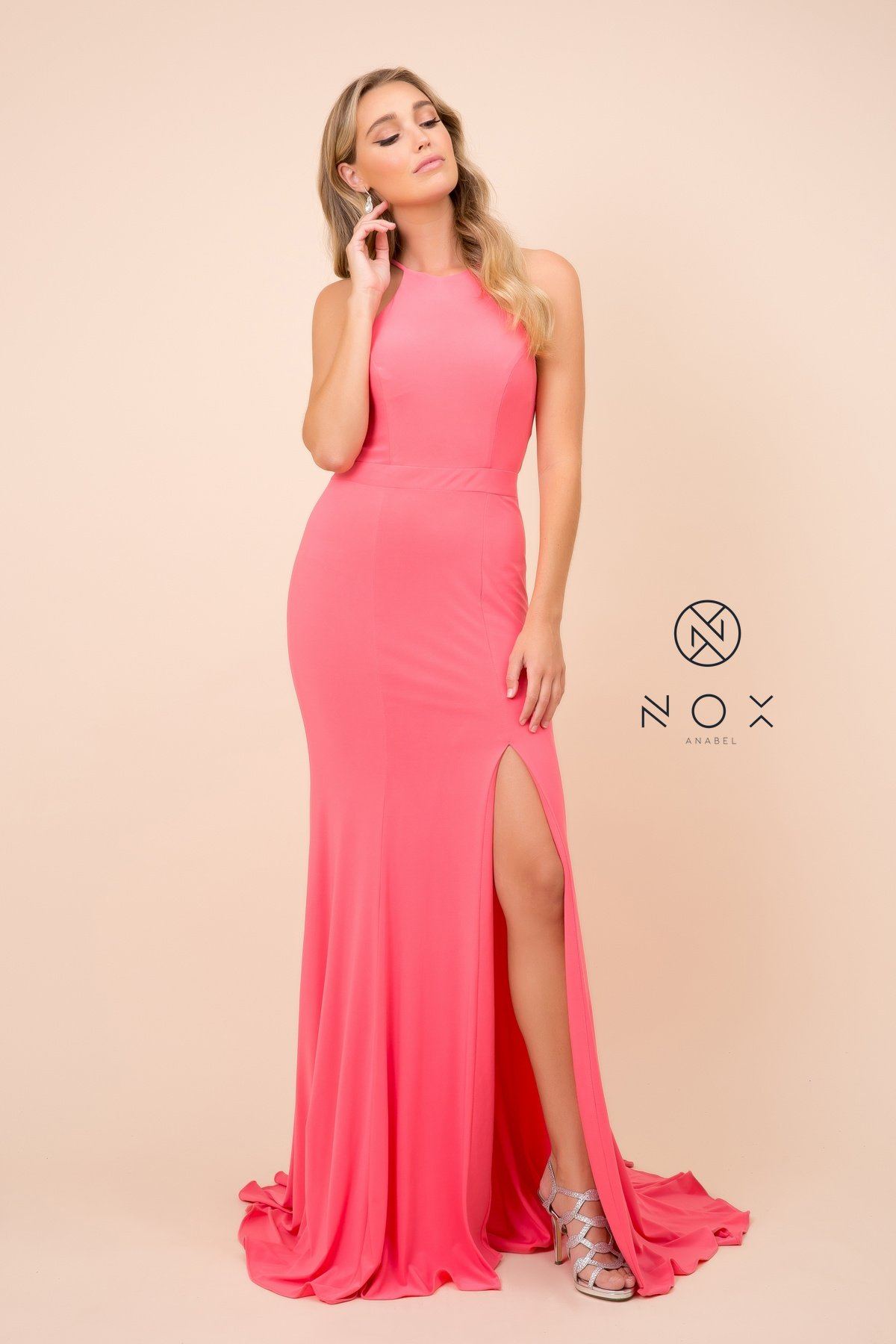 green emerald velvet dress Long Racerback Jersey Dress with Slit by Nox Anabel Q131– sheerdreamz
