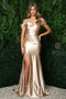 Nox Anabel E1048's Satin Gown with Ruched Details and Cold Shoulder Design