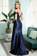 Nox Anabel E1048's Satin Gown with Ruched Details and Cold Shoulder Design