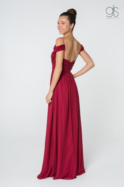 Elizabeth K GL2824's Long A-line Dress with Ruched Details and Cold Shoulder Design