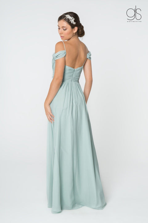 Elizabeth K GL2824's Long A-line Dress with Ruched Details and Cold Shoulder Design