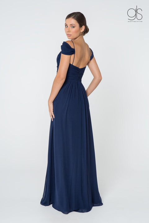 Elizabeth K GL2824's Long A-line Dress with Ruched Details and Cold Shoulder Design