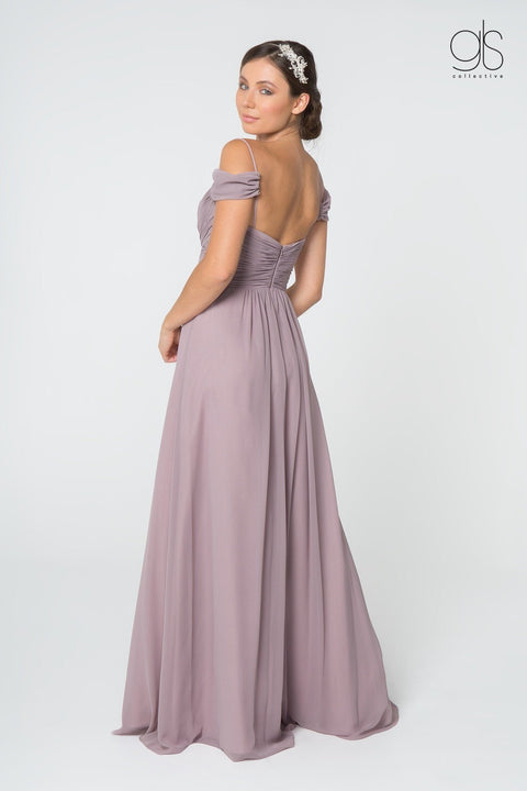 Elizabeth K GL2824's Long A-line Dress with Ruched Details and Cold Shoulder Design