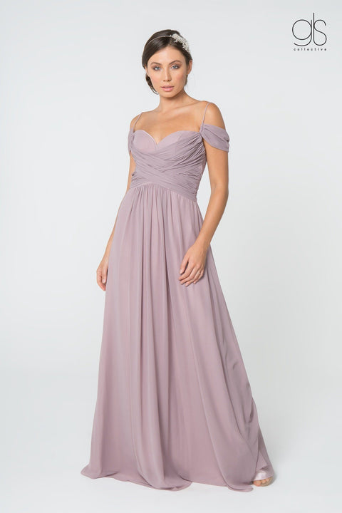 Elizabeth K GL2824's Long A-line Dress with Ruched Details and Cold Shoulder Design