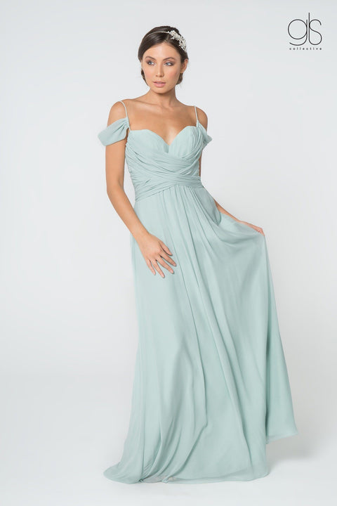 Elizabeth K GL2824's Long A-line Dress with Ruched Details and Cold Shoulder Design