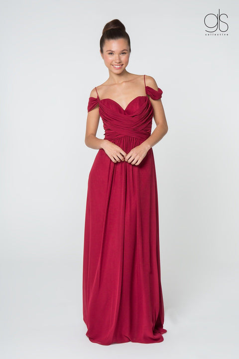 Elizabeth K GL2824's Long A-line Dress with Ruched Details and Cold Shoulder Design
