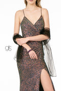 Elizabeth K GL1813's Fitted Sequin Dress with Ruched Details and Side Slit