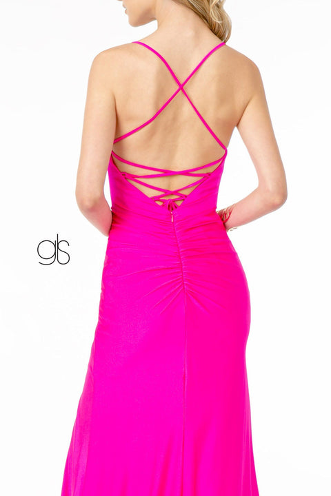 Elizabeth K GL1816's Long V-Neck Dress with Ruching and Corset Back