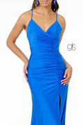 Elizabeth K GL1816's Long V-Neck Dress with Ruching and Corset Back