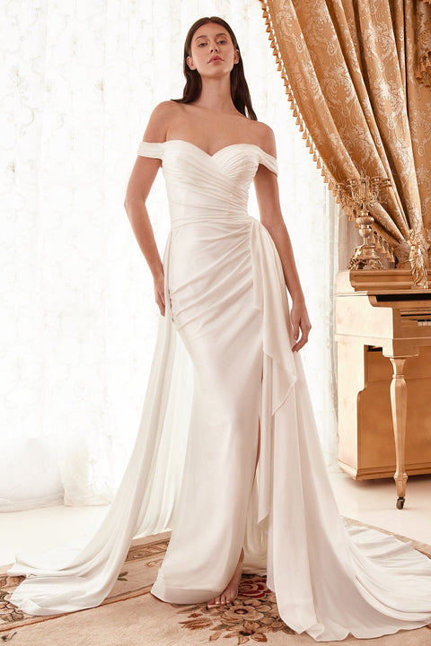 Graceful Off Shoulder Overskirt Bridal Gown: Ruched - Cinderella Divine WN315