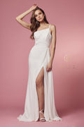 One Shoulder Ruched White Gown by Nox Anabel E1005W