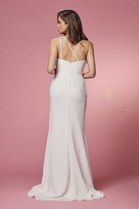 One Shoulder Ruched White Gown by Nox Anabel E1005W