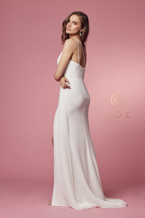 One Shoulder Ruched White Gown by Nox Anabel E1005W