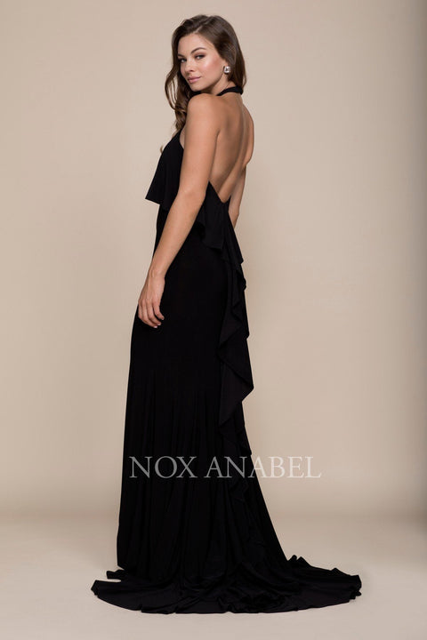 Long Ruffled Halter Dress Train by Nox Anabel Q132