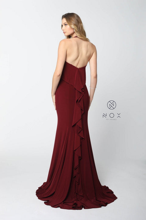 Long Ruffled Halter Dress Train by Nox Anabel Q132