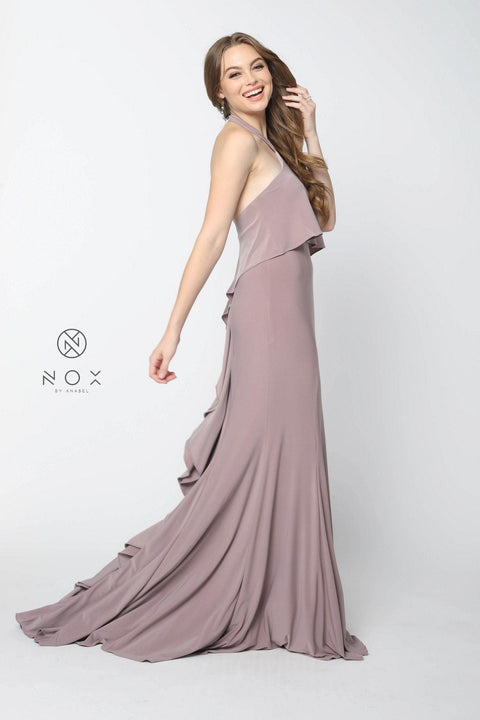 Long Ruffled Halter Dress Train by Nox Anabel Q132
