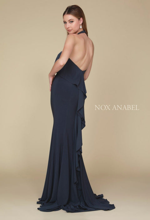 Long Ruffled Halter Dress Train by Nox Anabel Q132