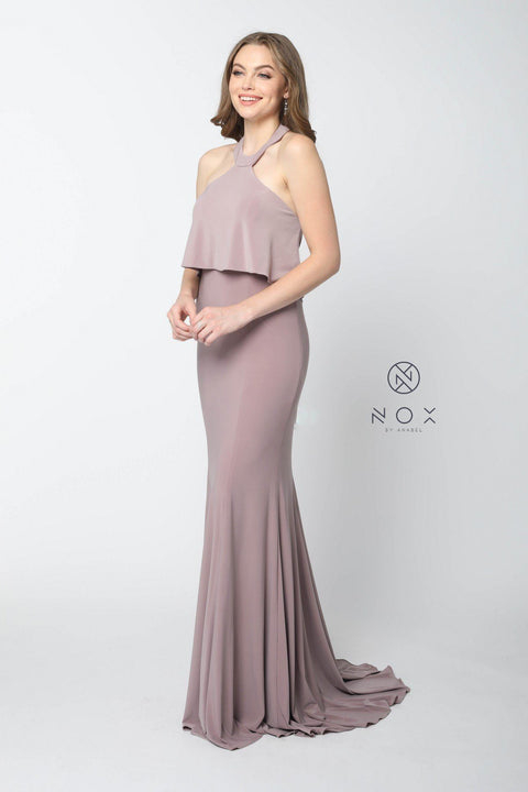 Long Ruffled Halter Dress Train by Nox Anabel Q132