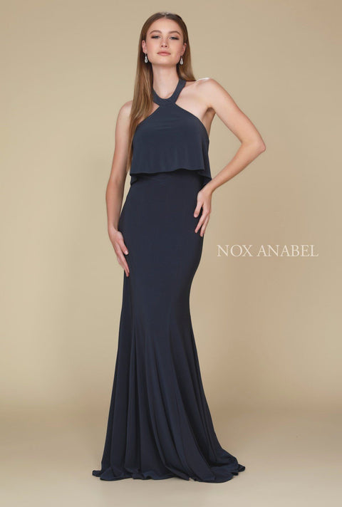 Long Ruffled Halter Dress Train by Nox Anabel Q132