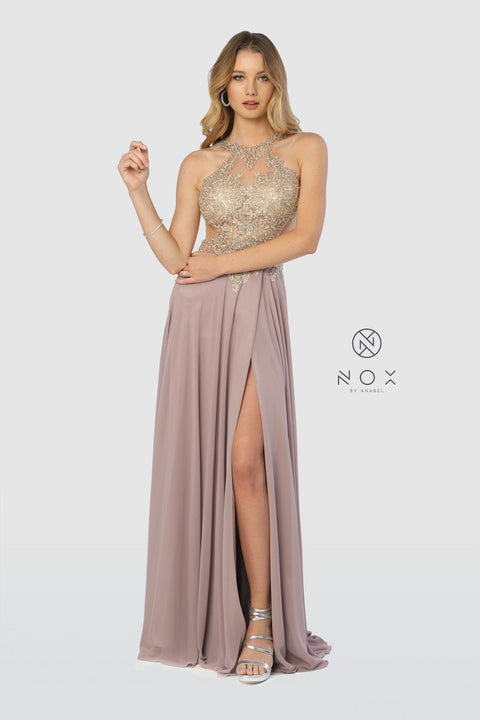 High-Neck Long Prom Dress with Open Back_S202 by Nox Anabel