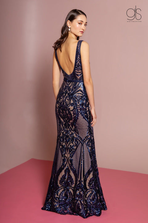 Sequin Applique V-Neck Mermaid Dress by Elizabeth K GL2551