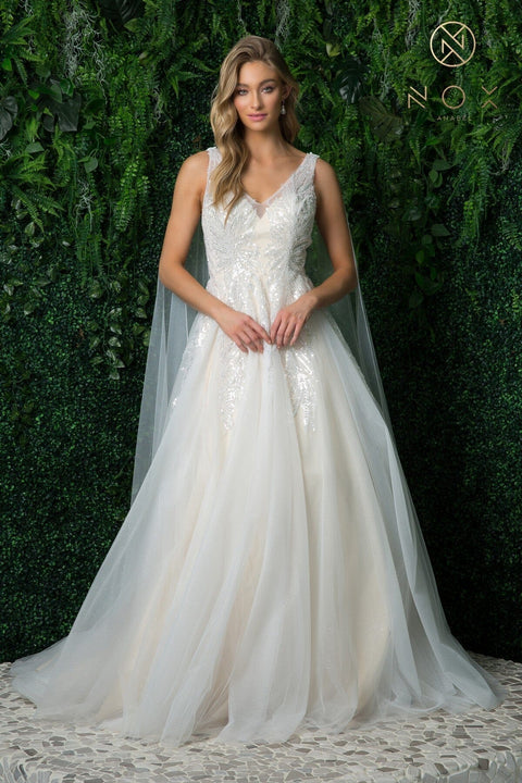 Bridal Gown with Sequin Cape Sleeve by Nox Anabel JE947