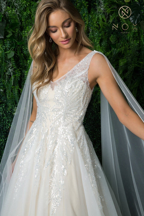 Bridal Gown with Sequin Cape Sleeve by Nox Anabel JE947