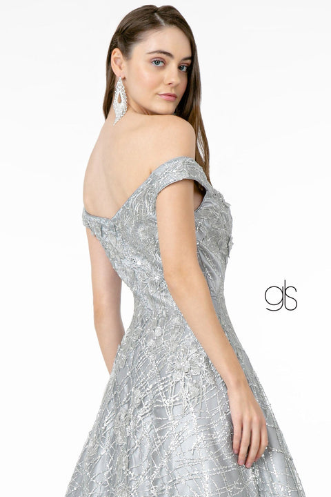 Elizabeth K GL2944's Long Off-Shoulder Dress with Sequin Embroidery