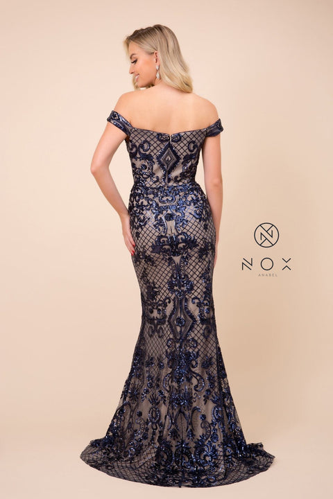 Embroidered Long Off Shoulder Dress wtih Sequins by Nox Anabel T310