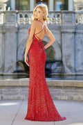 Adora 3030's Fitted Gown with Sequins, Lace-Up Back, and Slit