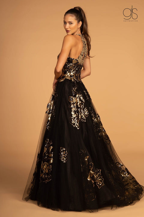 GLS Gloria GL2655's Evening Dress with Sequin-Adorned Floral Print and Halter Neckline