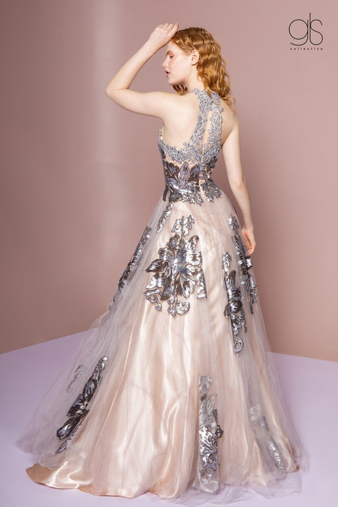 GLS Gloria GL2655's Evening Dress with Sequin-Adorned Floral Print and Halter Neckline