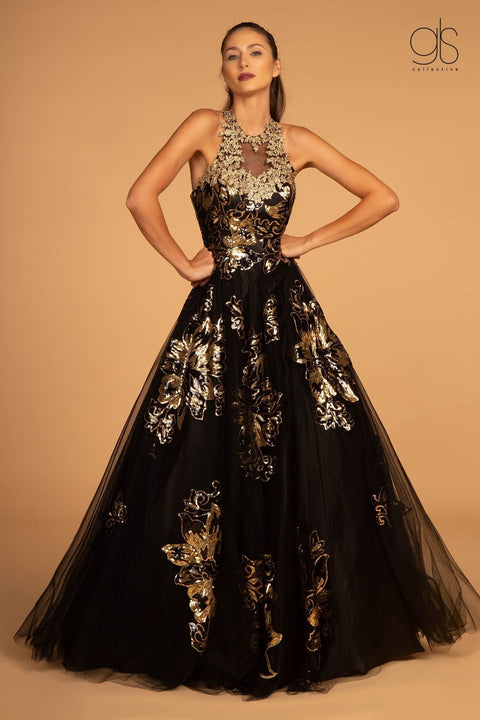 GLS Gloria GL2655's Evening Dress with Sequin-Adorned Floral Print and Halter Neckline