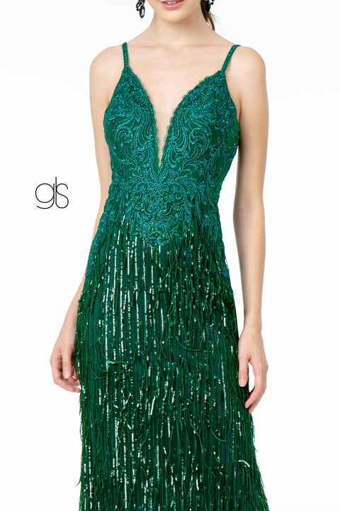 Elizabeth K GL1824's Mermaid Dress with Sequins, Fringe Detailing, and V-Neckline