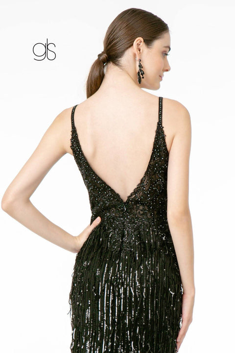 Elizabeth K GL1824's Mermaid Dress with Sequins, Fringe Detailing, and V-Neckline