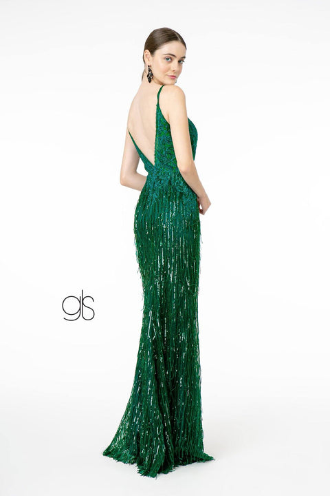 Elizabeth K GL1824's Mermaid Dress with Sequins, Fringe Detailing, and V-Neckline