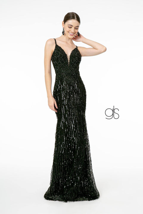 Elizabeth K GL1824's Mermaid Dress with Sequins, Fringe Detailing, and V-Neckline