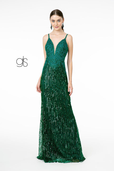 Elizabeth K GL1824's Mermaid Dress with Sequins, Fringe Detailing, and V-Neckline