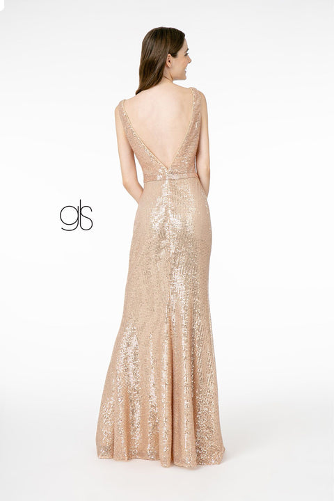 Sequin Long Fitted Deep V-Neck Dress by Elizabeth K GL2957