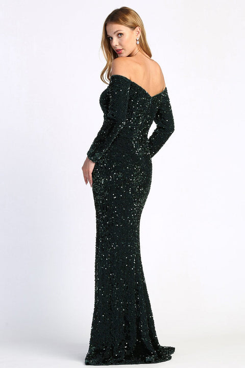Adora 3058's Long Sleeve Off-Shoulder Gown with Sequins