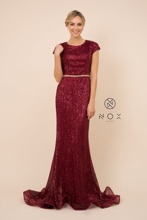 Mermaid Gown with Short Sleeves with Sequins by Nox Anabel F338