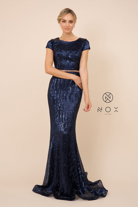 Mermaid Gown with Short Sleeves with Sequins by Nox Anabel F338